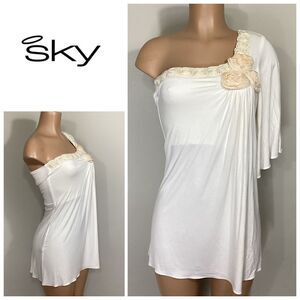 New. SKY ivory one shouldered dress. Retails $224